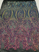 Iridescent Sequins Fabric on Mesh - by the yard - Damask Design 4 Way Stretch Sequin Fabric
