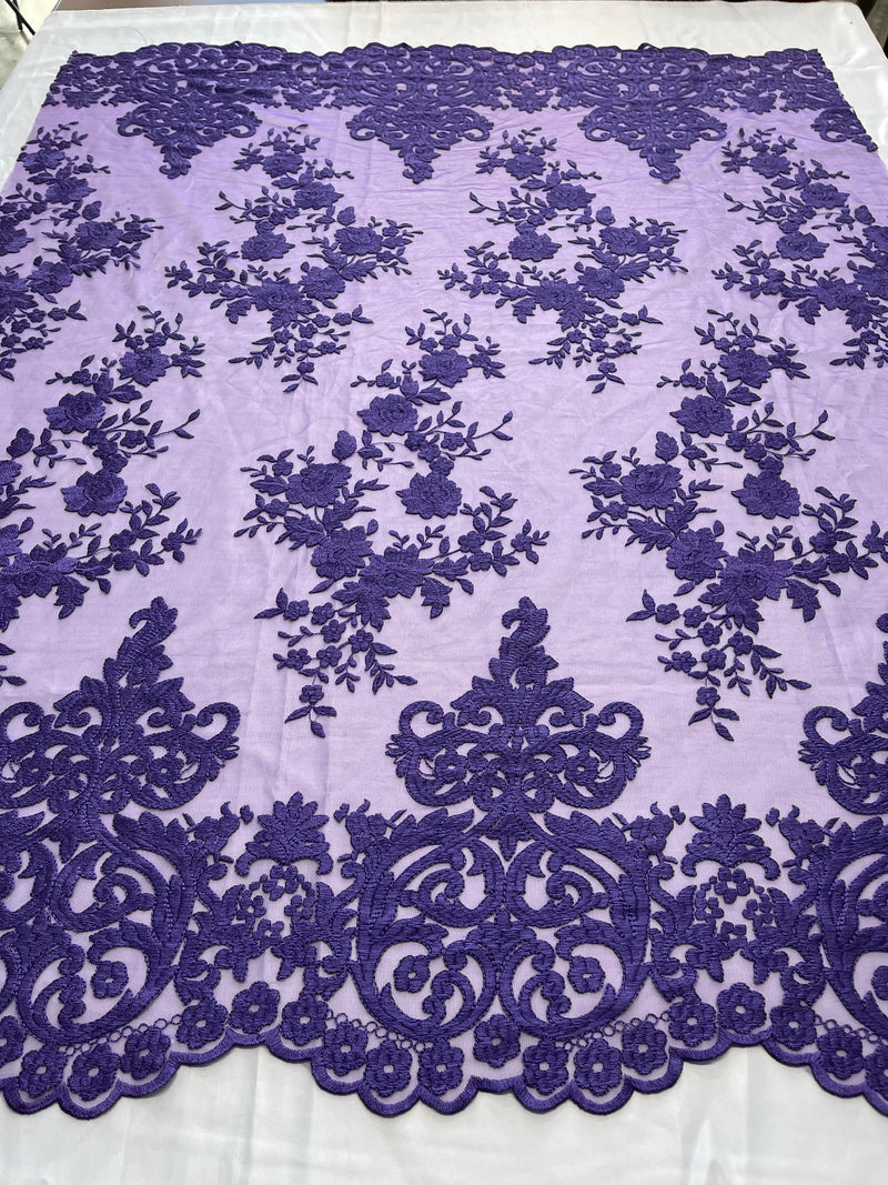 Purple Floral Bridal Lace - By The Yard - Damask Design Embroidered on Mesh Lace Fabric