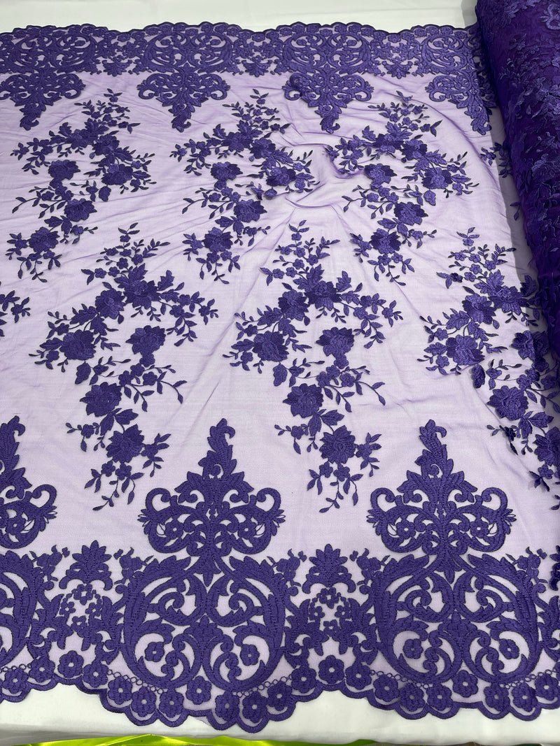 Purple Bridal Lace - By The Yard - Floral Damask Design Embroidered on Mesh Lace Fabric