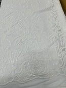 4 Way Stretch Fabric Design - White - Fancy Net Sequins Design Fabric By Yard