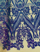 Lavender Iridescent Sequins Fabric on Nude Mesh, Damask Design 4Way Stretch Sequin By The Yard