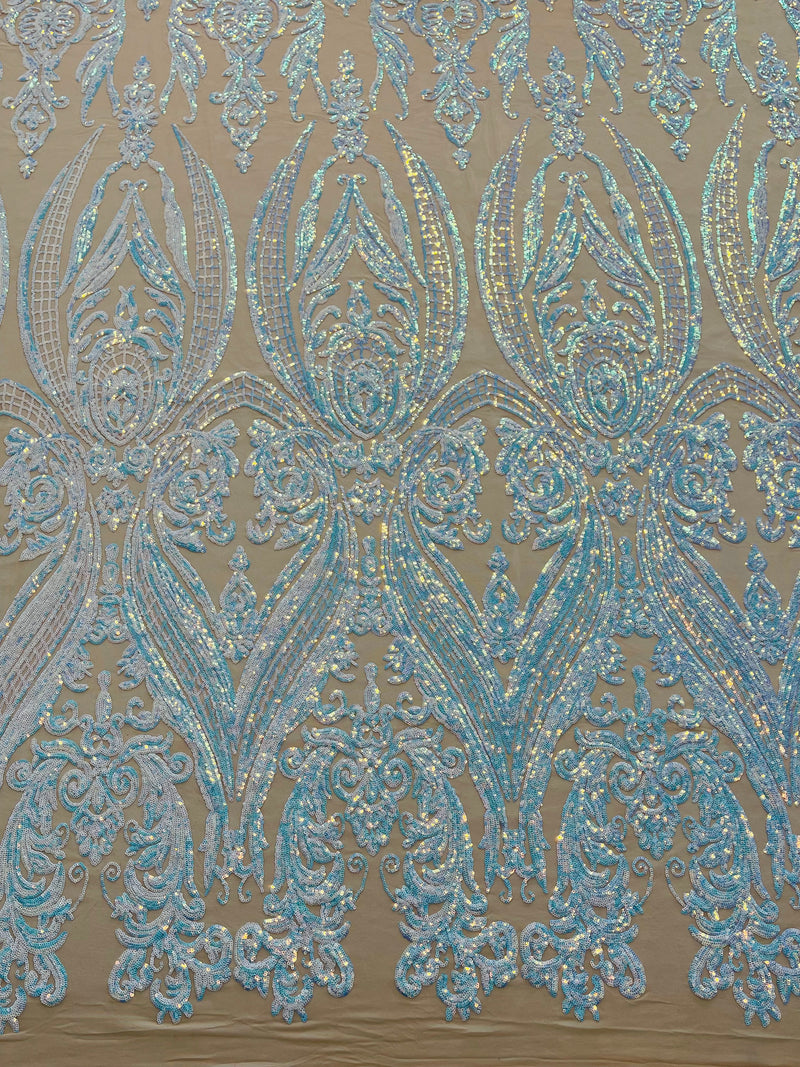 Aqua Iridescent Sequins Fabric on Nude Mesh, Damask Design 4Way Stretch Sequin By The Yard