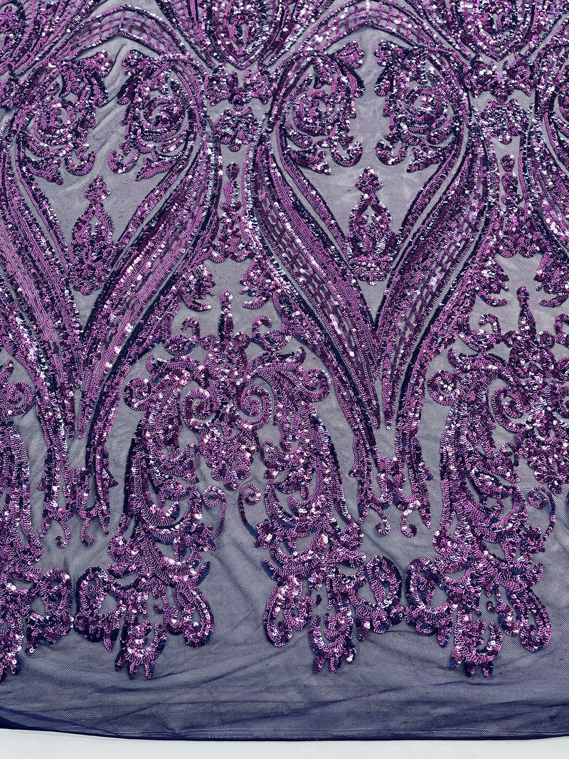 Plum Sequins Fabric on Mesh, Damask Design 4 Way Stretch Sequin Fabric Sold By The Yard