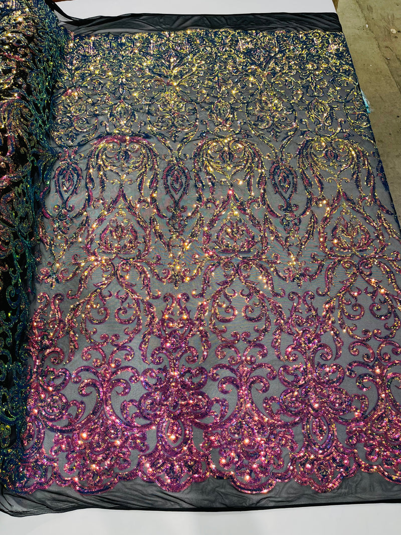 Rainbow Iridescent Sequin Fabric On Black Mesh 4 Way Stretch, Sequins Fabric Damask Design By The Yard