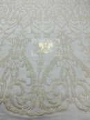 White Sequin Fabric On a Mesh 4 Way Stretch, Sequins Fabric Damask Design By The Yard