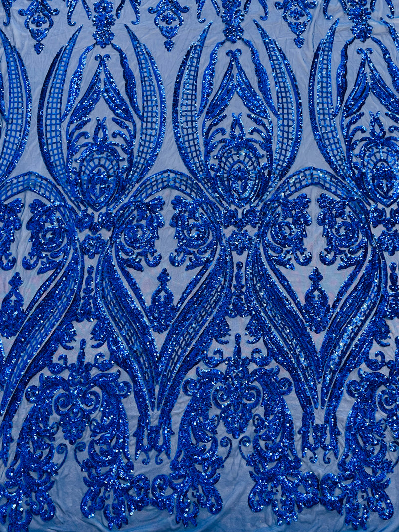 Royal Blue Sequins Fabric on Mesh, Damask Design 4 Way Stretch Sequin Fabric Sold By The Yard