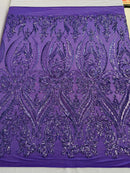 Lilac Sequins Fabric on Mesh, Damask Design 4 Way Stretch Sequin Fabric Sold By The Yard