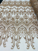 Taupe/Skin Damask Design Beaded Fabric, Embroidered with Beads Wedding Bridal Sold By Yard