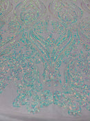 Iridescent Aqua/Blue Sequins Fabric Damask Design 4 Way Stretch Sequin Fabric Sold By The Yard