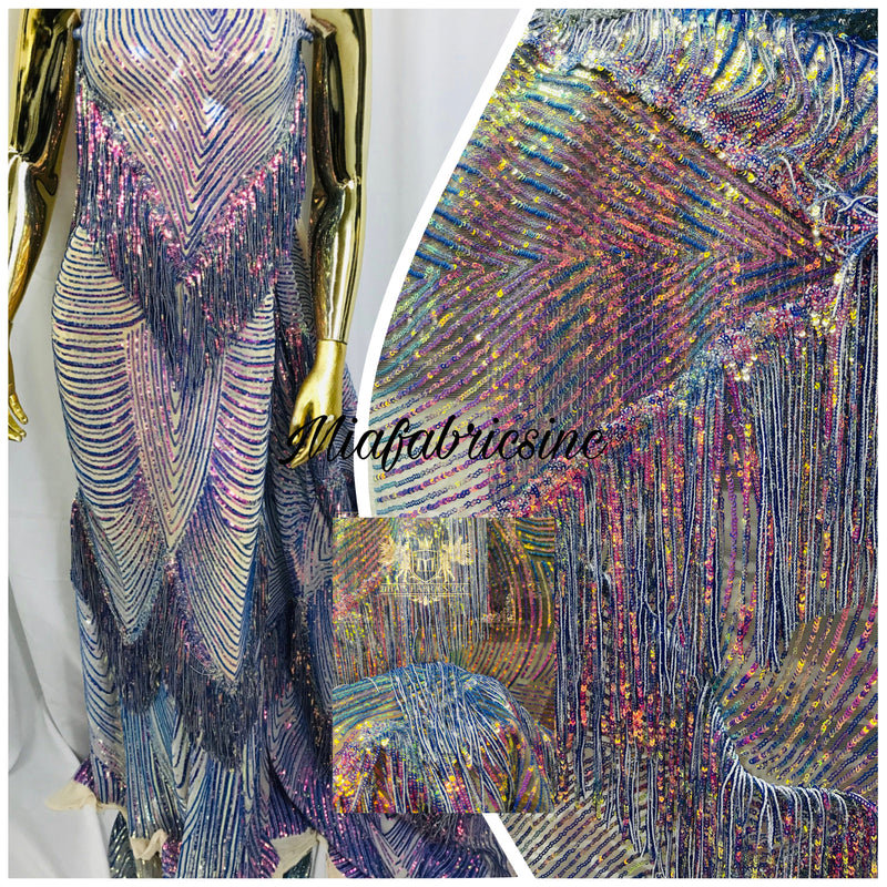 Fringe Sequins Fabric - lavender iridescent - Hanging Sequins 2 Way Stretch Fabric Sold By Yard