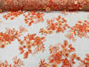 Orange 3D Floral Design Embroider and Beaded With Pearls On a Mesh Lace-Prom-Dresses By The Yard