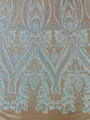 Aqua Iridescent Sequins Fabric on Nude Mesh, Damask Design 4Way Stretch Sequin By The Yard