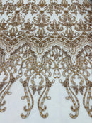 Taupe/Skin Damask Design Beaded Fabric, Embroidered with Beads Wedding Bridal Sold By Yard