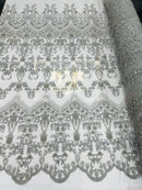 Silver Damask Design Beaded Fabric, Embroidered with Beads Wedding Bridal Sold By Yard