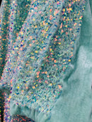 Sea Shell Sequins Velvet - Clear Iridescent on Mint - Velvet Sequins Fabric By Yard