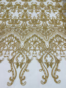 Gold Damask Design Beaded Fabric, Embroidered with Beads Wedding Bridal Sold By Yard