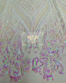 Pink/White Iridescent Sequin Fabric on Nude Mesh 4 Way Stretch Sequins Fabric Sold By The Yard