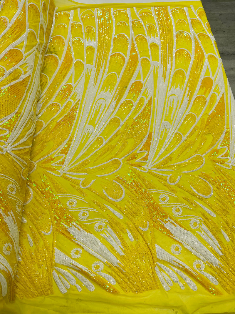 Yellow Multi Color Iridescent Sequins - Damask Net Fancy Design 4 Way Stretch Fabric By Yard