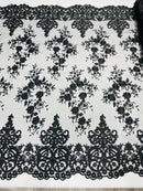 Black Bridal Lace - By The Yard - Floral Damask Design Embroidered on Mesh Lace Fabric