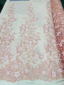 New Pink 3D Floral Design Embroider and Beaded With Pearls On a Mesh Lace-Prom-Dresses-Nightgown-Apparel-Fashion By The Yard