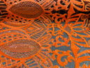 Orange Sequin Fabric On Black Mesh  4 Way Stretch Royalty Lace Sequin By Yard
