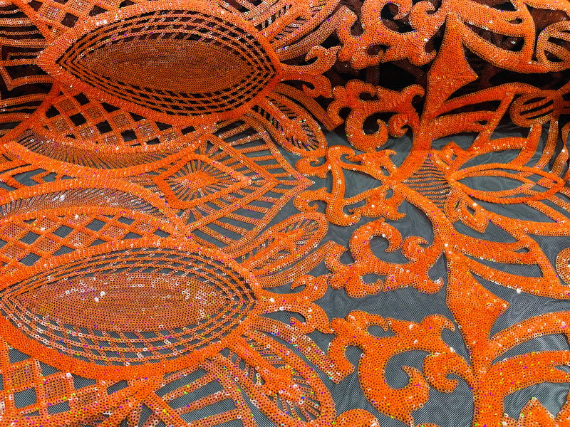 Orange Sequin Fabric On Black Mesh  4 Way Stretch Royalty Lace Sequin By Yard