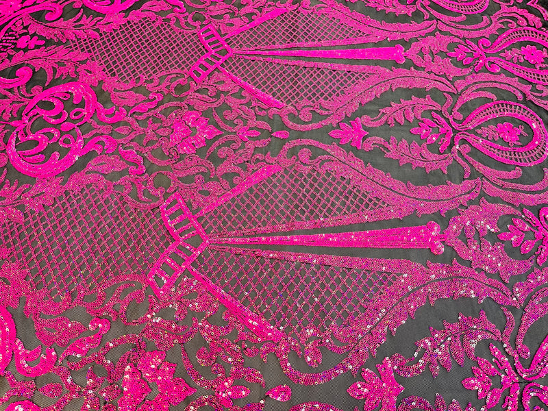 Hot Pink Sequin Fabric on Black Mesh By The Yard Damask Design 4 Way Stretch Lace Sequin