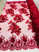 Burgundy 3D Floral Design Embroider and Beaded With Pearls On a Mesh Lace-Prom-Dresses By The Yard