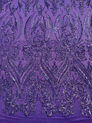 Lilac Sequins Fabric on Mesh, Damask Design 4 Way Stretch Sequin Fabric Sold By The Yard