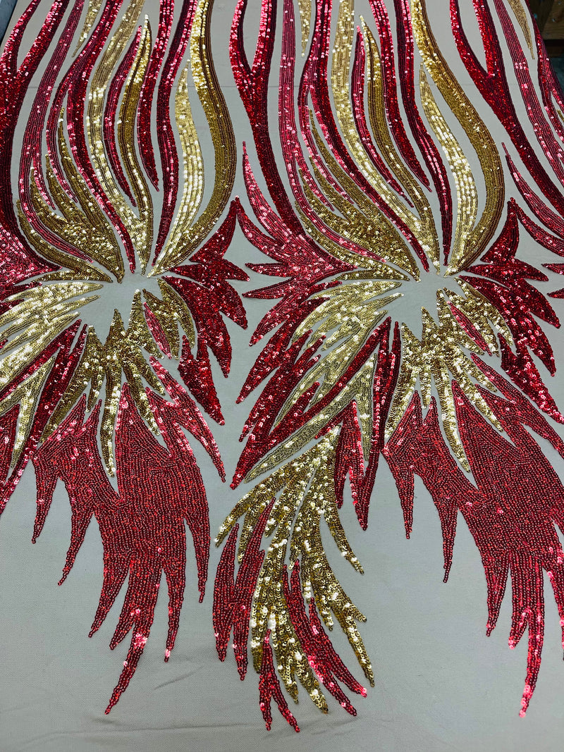 Angel Wings Sequins Fabric - Red / Gold on Dark Nude - 4 Way Stretch Feather Wings Sequins Design By Yard