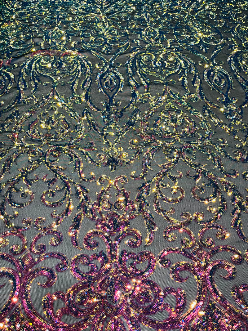 Rainbow Iridescent Sequin Fabric On Black Mesh 4 Way Stretch, Sequins Fabric Damask Design By The Yard