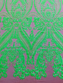 12 Yards Neón Green Sequins Fabric on DK Nude Mesh, Damask Design 4Way Stretch Sequin