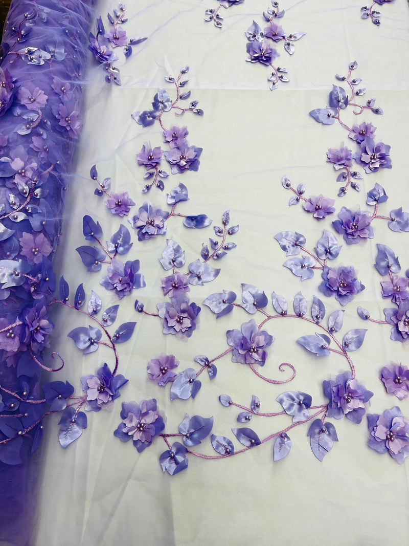 Lilac 3D Floral Design Embroider and Beaded With Pearls On a Mesh Lace Fabric By The Yard