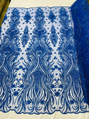 Luxury Beaded Design - Royal Blue - Sold By Yard Floral Fabric Embroidered w/ Pearls-Beads on Mesh Lace