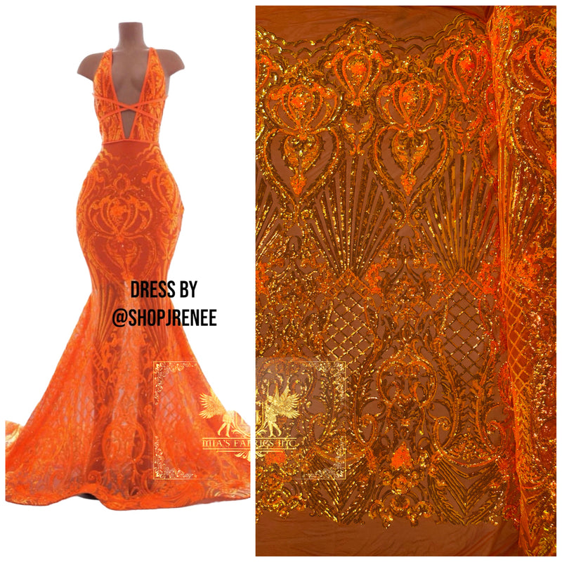 Damask Geometric Sequins - Orange - 4 Way Stretch Sequins Design Sold By Yard