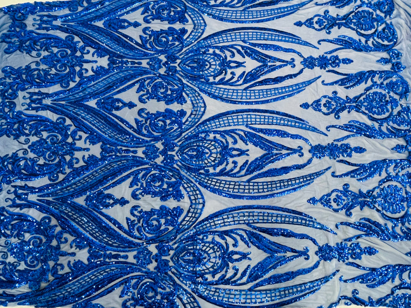 Royal Blue Sequins Fabric on Mesh, Damask Design 4 Way Stretch Sequin Fabric Sold By The Yard