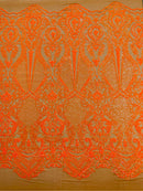 Orange Sequin Fabric on Dark Nude Mesh By The Yard Damask Design 4 Way Stretch Lace Sequin