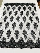 Lace Fabric - by the yard - Corded Flower Embroidery With Sequins on a Mesh Lace Fabric For Wedding
