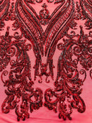 Burgundy Sequins Fabric on Mesh, Damask Design 4 Way Stretch Sequin Fabric Sold By The Yard