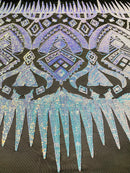 Aqua/Blue Iridescent Sequin Fabric, by the yard - Black Mesh 4 Way Stretch Aztec Design