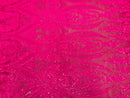 Hot Pink Sequins Fabrics on Mesh, Damask Design 4Way Stretch Sequin By The Yard