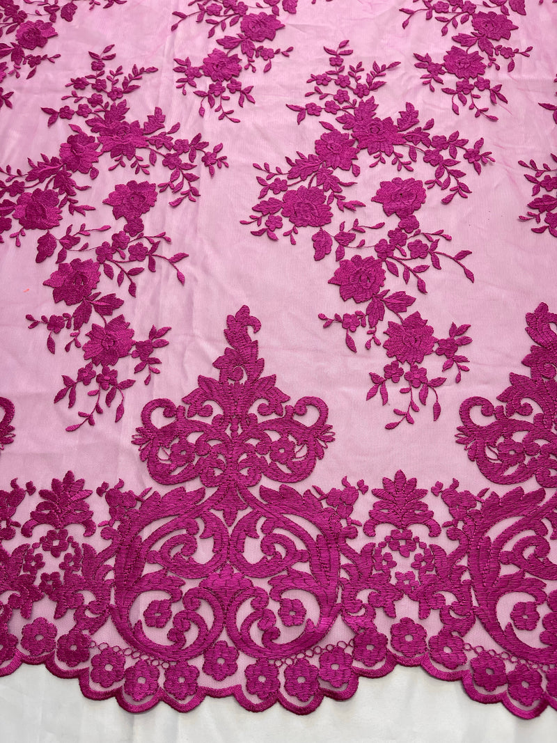 Magenta Floral Bridal Lace - By The Yard - Damask Design Embroidered on Mesh Lace Fabric
