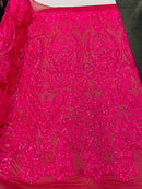 Iridescent Sequins Fabric on Mesh - by the yard - Damask Design 4 Way Stretch Sequin Fabric