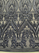 Navy Blue Sequins Fabric on Mesh, Damask Design 4 Way Stretch Sequin Fabric Sold By The Yard