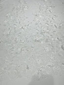 3D Floral Design - White - Flowers Embroidered and Beaded With Pearls On a Mesh Lace