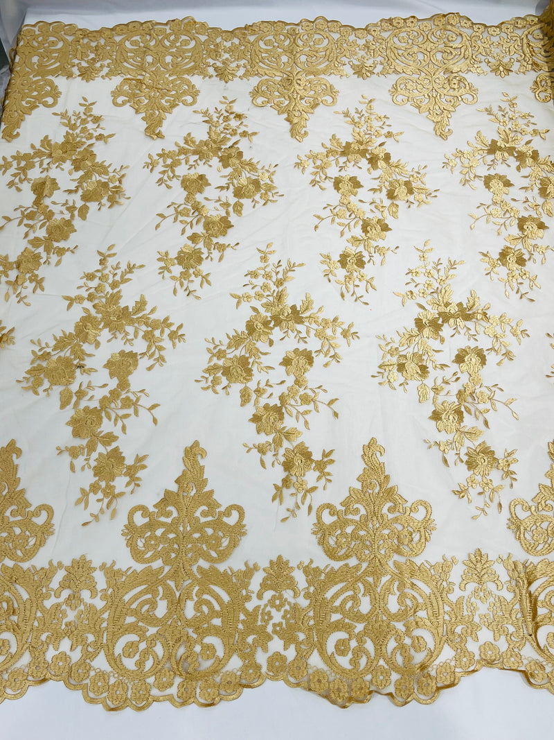 Gold Bridal Lace - By The Yard - Floral Damask Design Embroidered on Mesh Lace Fabric