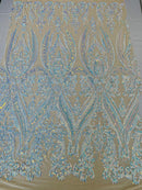 Aqua Iridescent Sequins Fabric on Lt Nude Mesh, Damask Design 4Way Stretch Sequin By The Yard