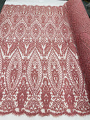 Beaded Fabric, Dusty Rose Damask Design Embroidered with Beads Wedding Bridal Sold By Yard