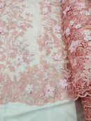 New Pink 3D Floral Design Embroider and Beaded With Pearls On a Mesh Lace-Prom-Dresses-Nightgown-Apparel-Fashion By The Yard