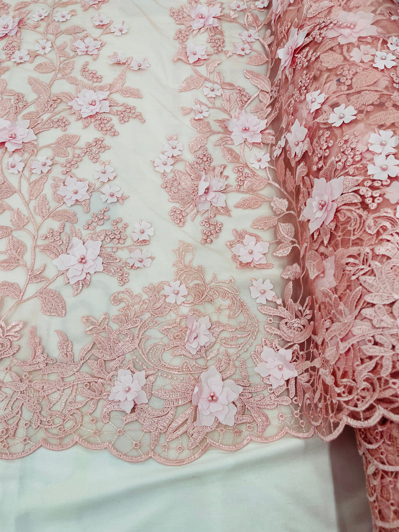 New Pink 3D Floral Design Embroider and Beaded With Pearls On a Mesh Lace-Prom-Dresses-Nightgown-Apparel-Fashion By The Yard